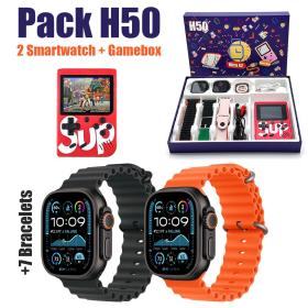 H500 Pack 2 Smartwatch Ultra X2 avec 7 Bracelets et SUP Gamebox 400 Jeux – طقم ساعتين ذكيتين مع جهاز ألعاب كلاسيكية